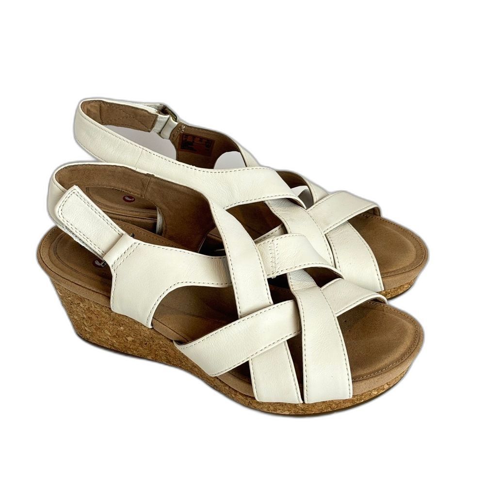 Clarks Annadel Pearl White Leather Crisscross Cork Wedge Sandal Size 9 M